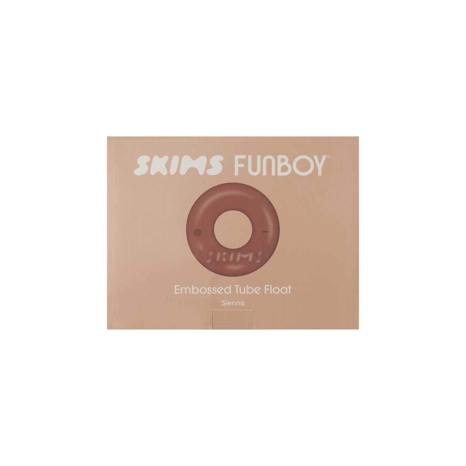 Skims Funboy embossed tube float packaging on a white background