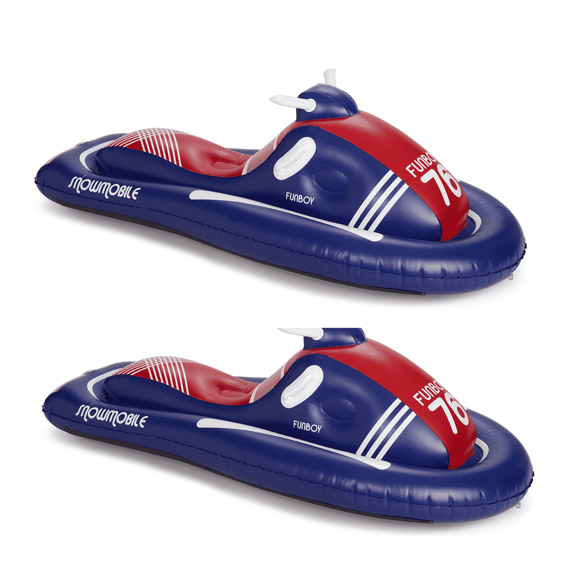 Two inflatable snowmobile toys with red and blue design on a white background