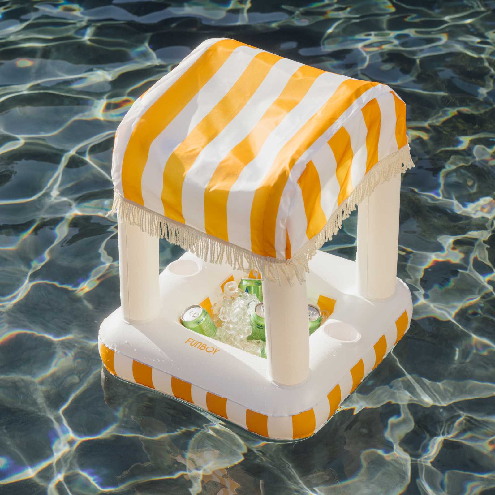 Inflatable pool cabana with yellow and white striped canopy floating on water