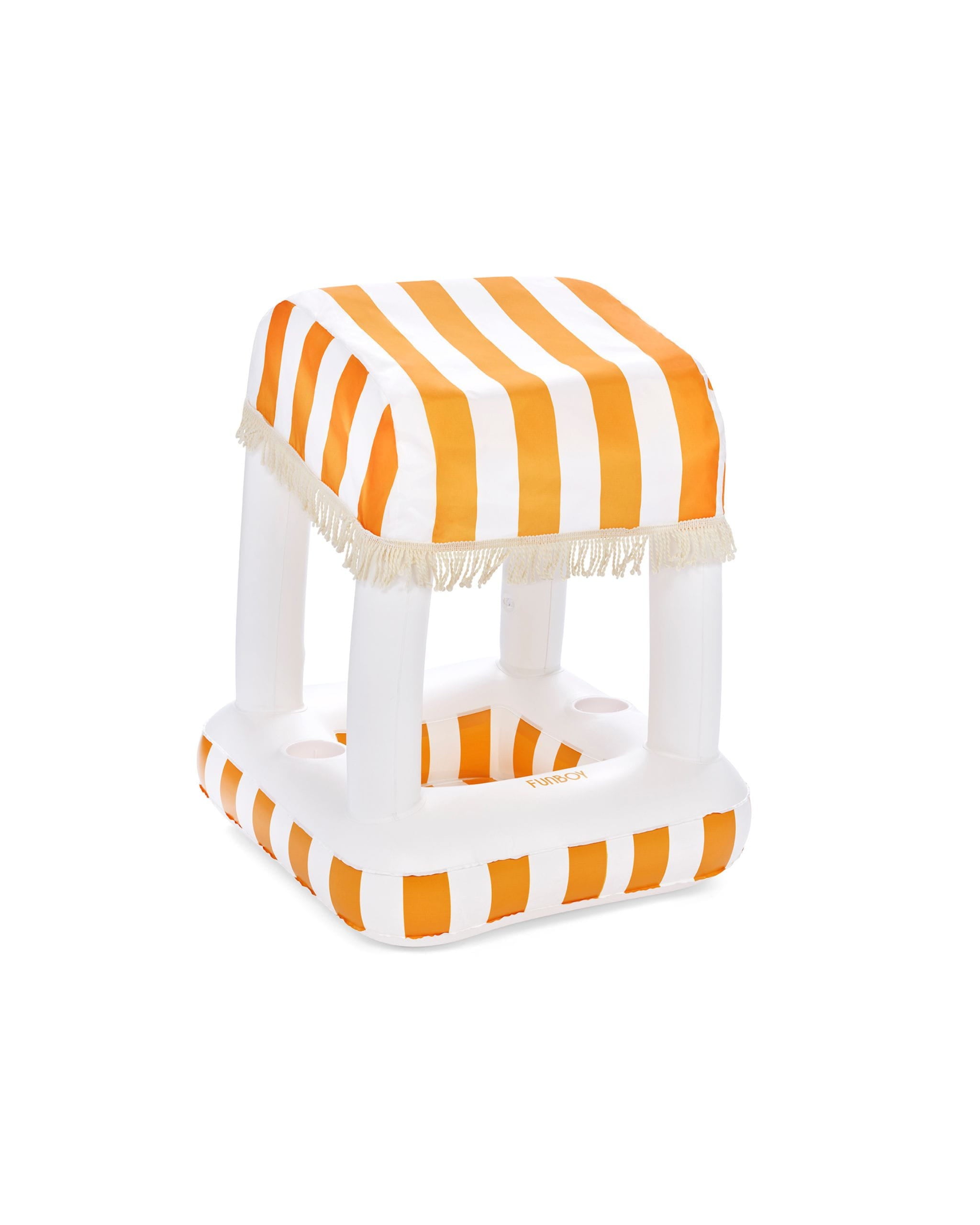 Inflatable pool float with striped canopy on a white background