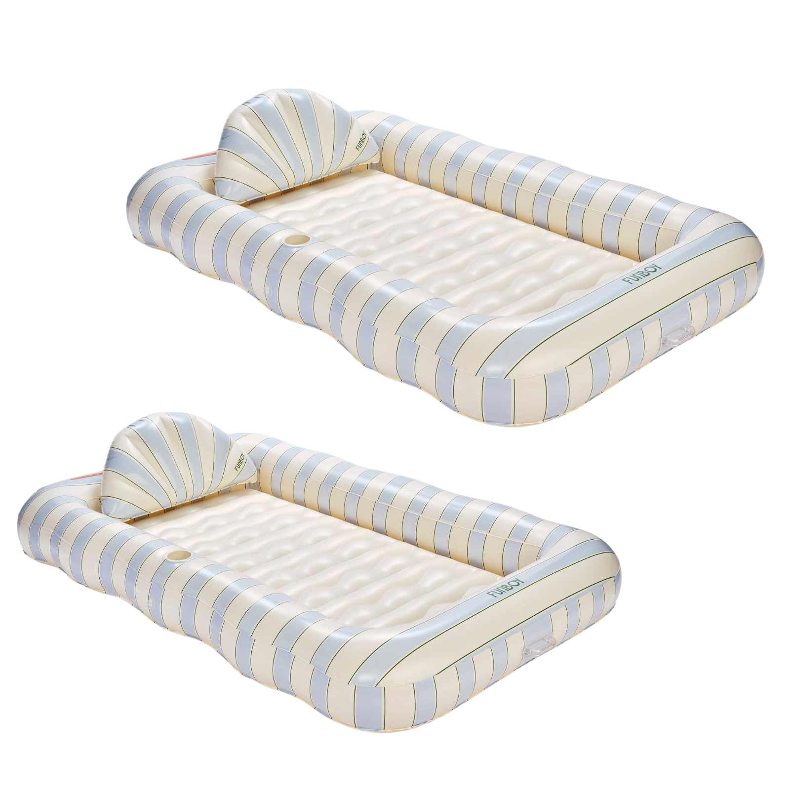Two inflatable baby cribs with blue and white striped design on a white background