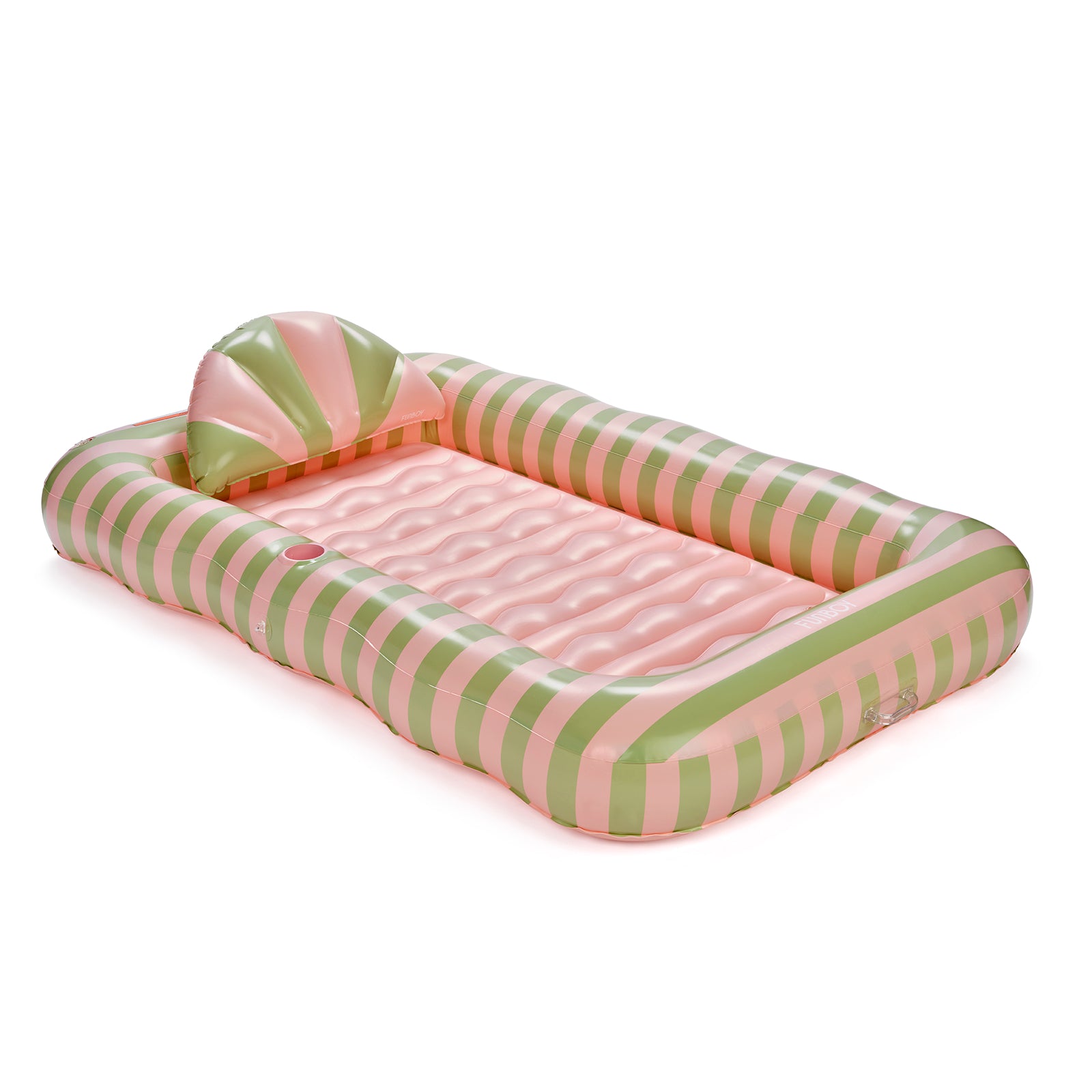 Inflatable pink and green striped pool float on a white background