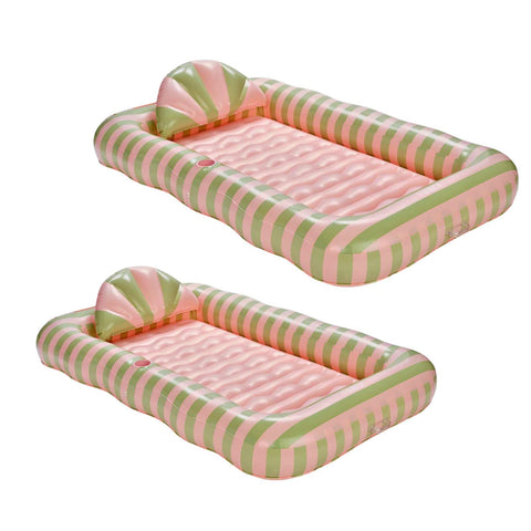 Two pink and green striped inflatable tanning Pool on a white background