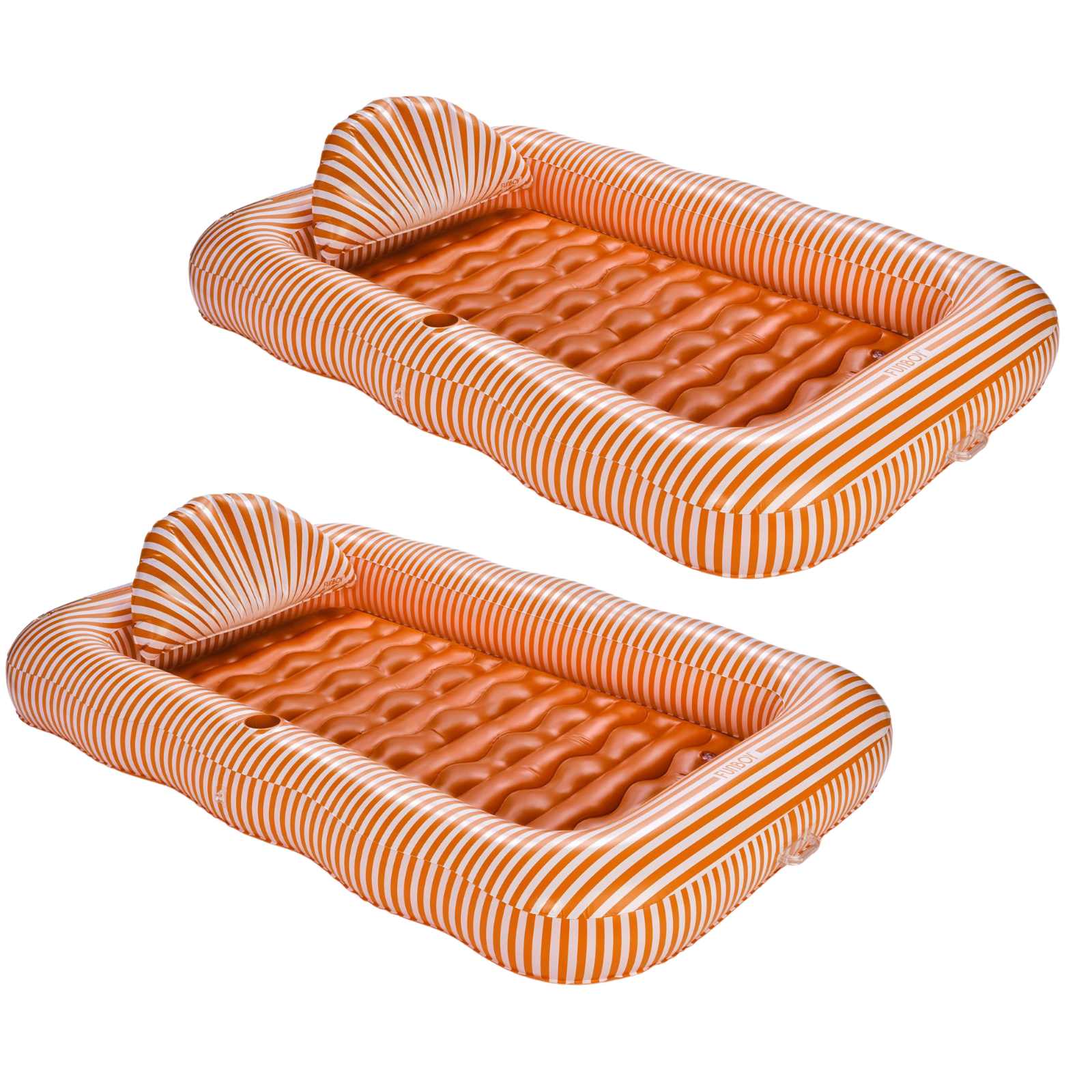 Two orange inflatable tanning pools with striped pattern on a white background