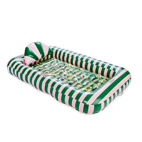 Inflatable green and pink striped cooler on a white background