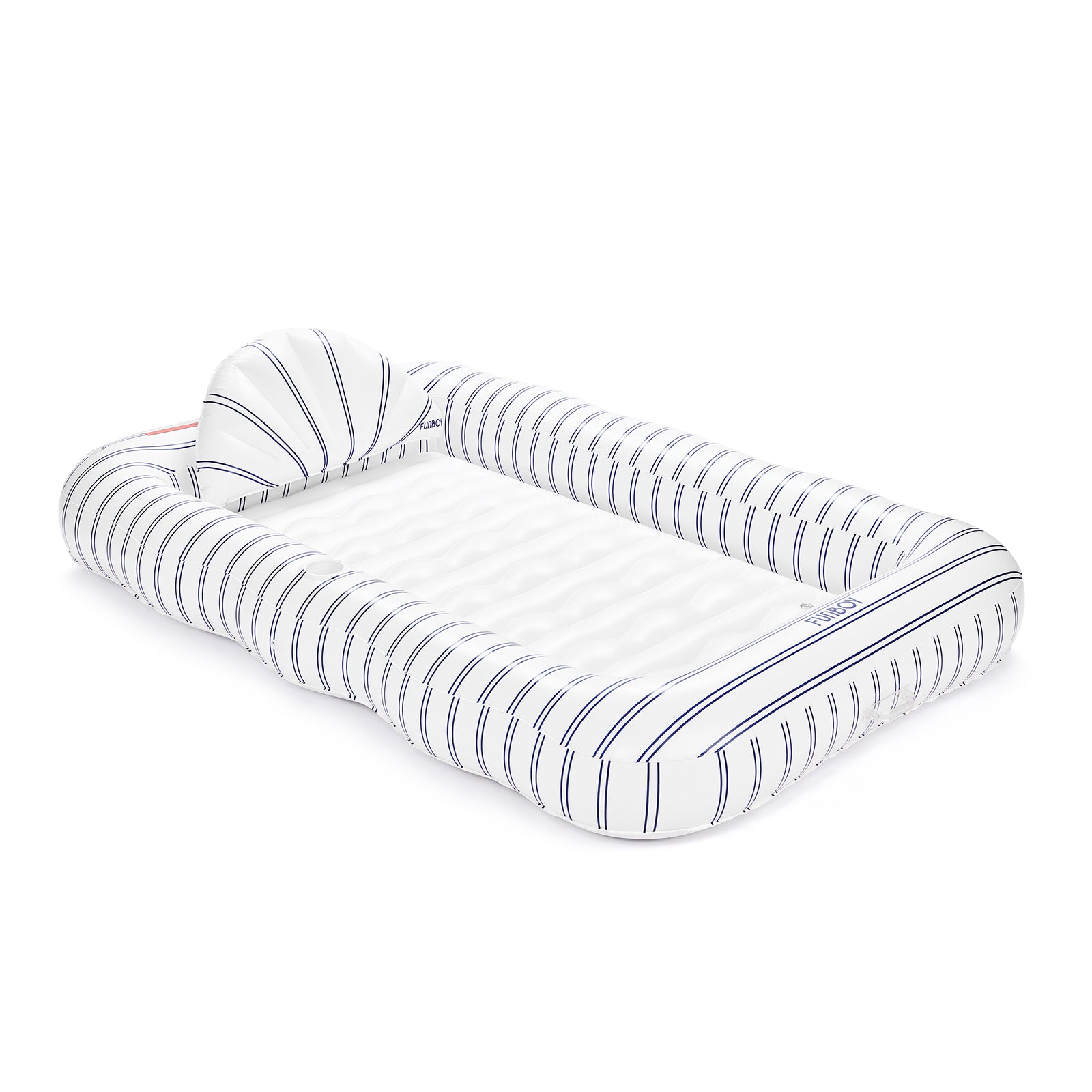 Inflatable tanning lounger with striped pattern on a white background