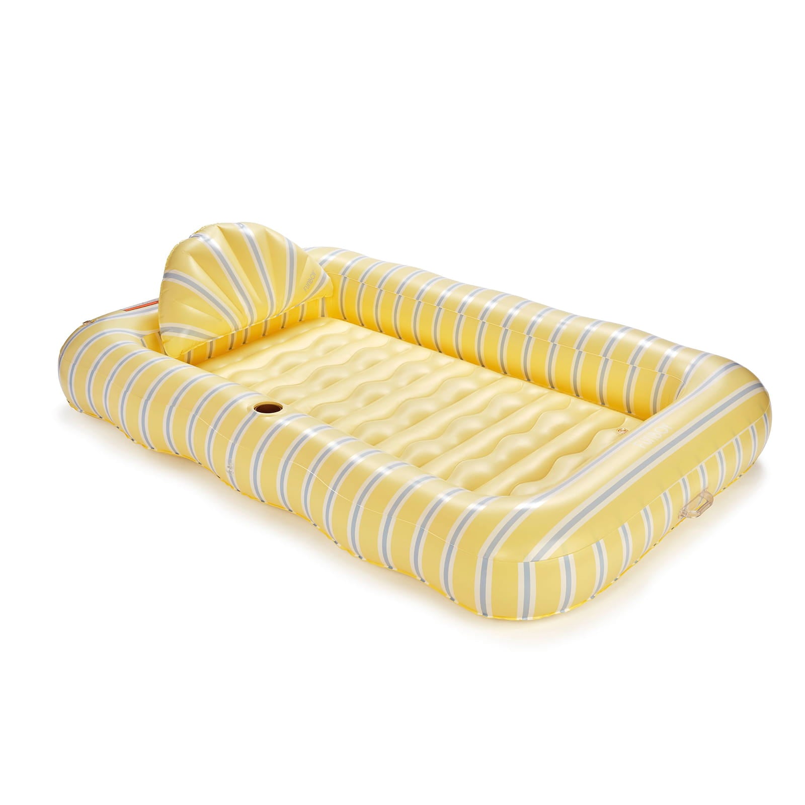 Yellow inflatable pet tanning pool lounger with striped pattern on a white background