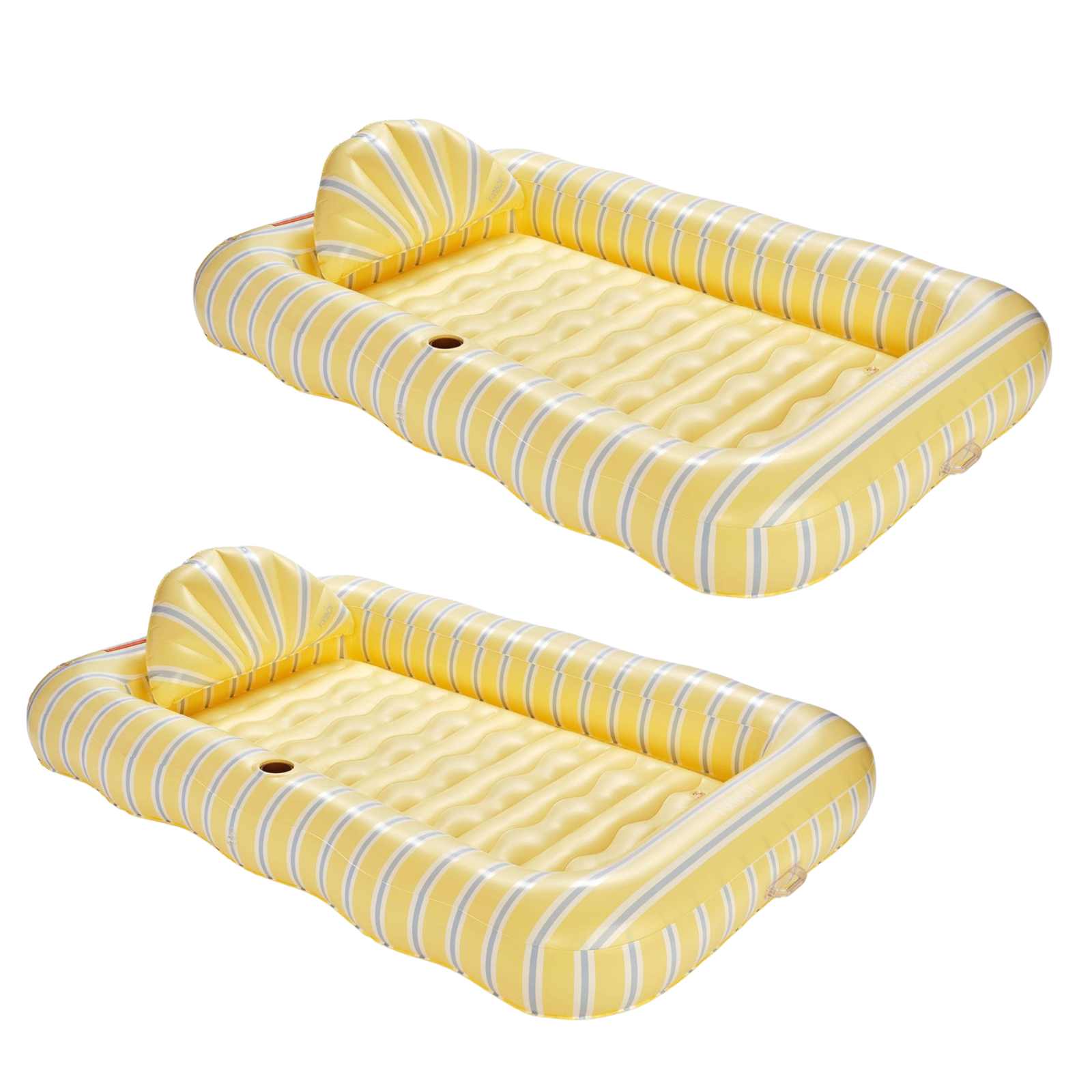 Two yellow inflatable tanning pool loungers with striped pattern on a white background