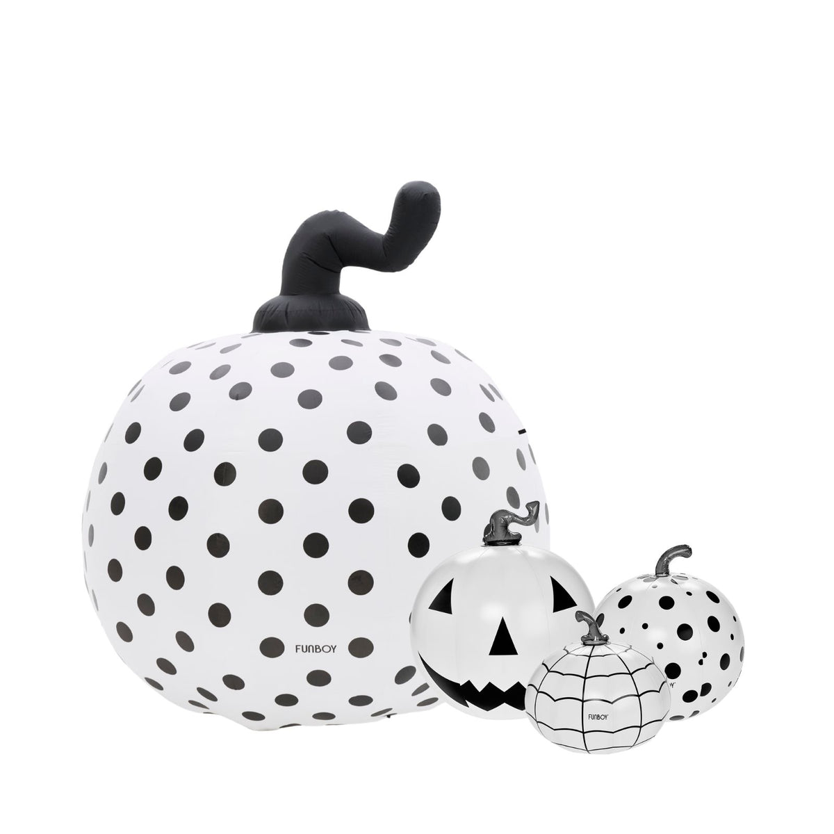 Three inflatable Halloween pumpkins in white with black polka dots and jack-o'-lantern faces, shown on a plain white background. The largest pumpkin has a curved black stem, and the smaller pumpkins have black web-like line patterns.
