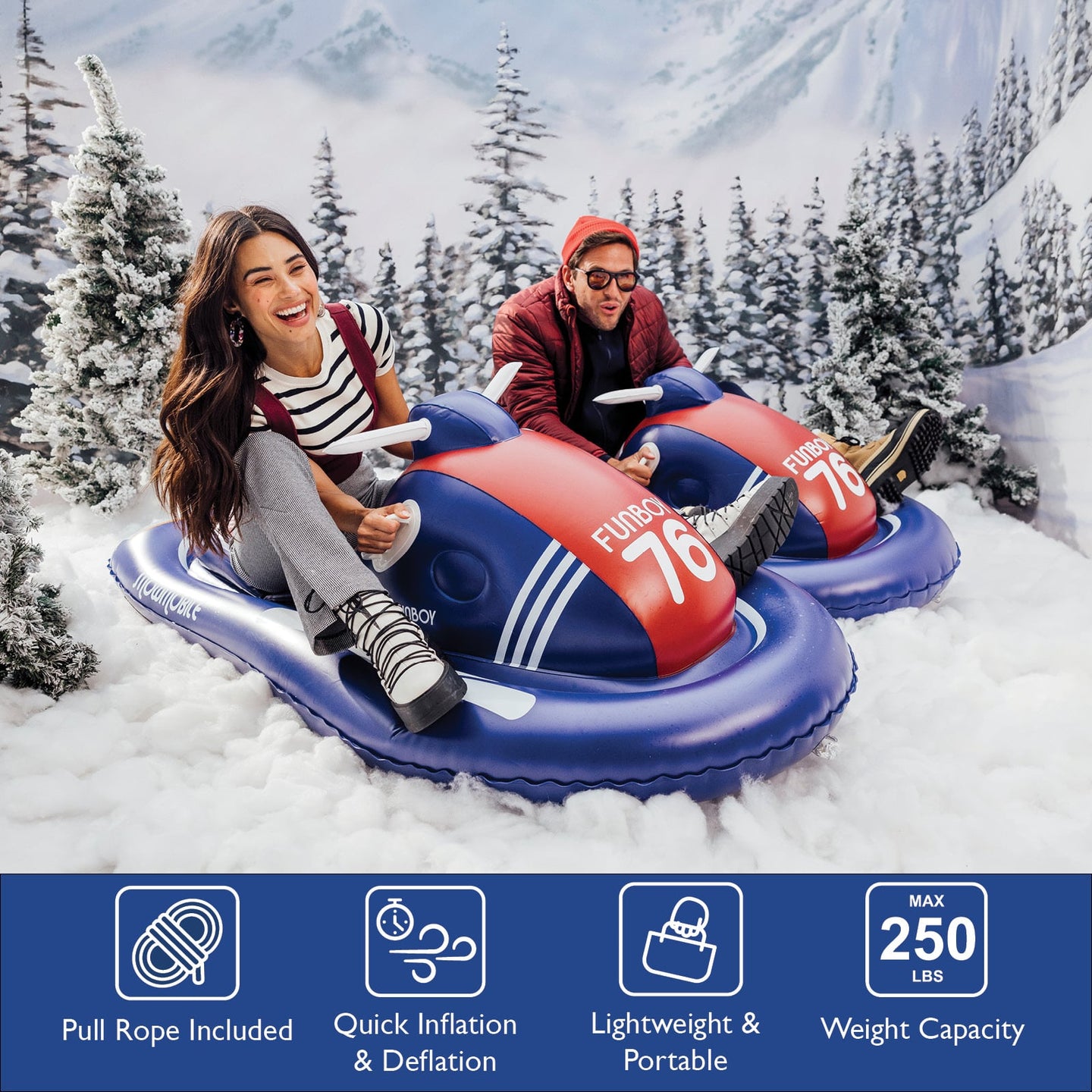 Two people using inflatable snow tubes in a snowy landscape with product features displayed below.