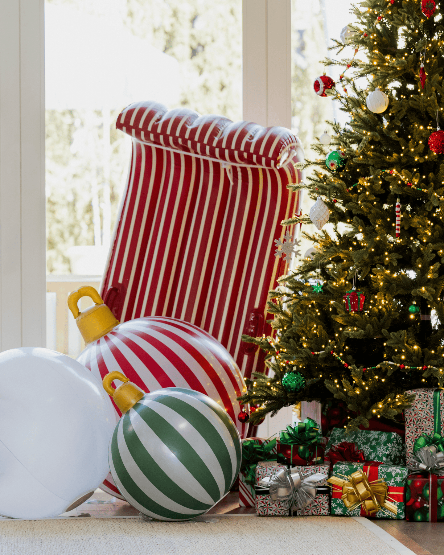 Decorative Christmas scene with striped ornaments and a tree in a room.
