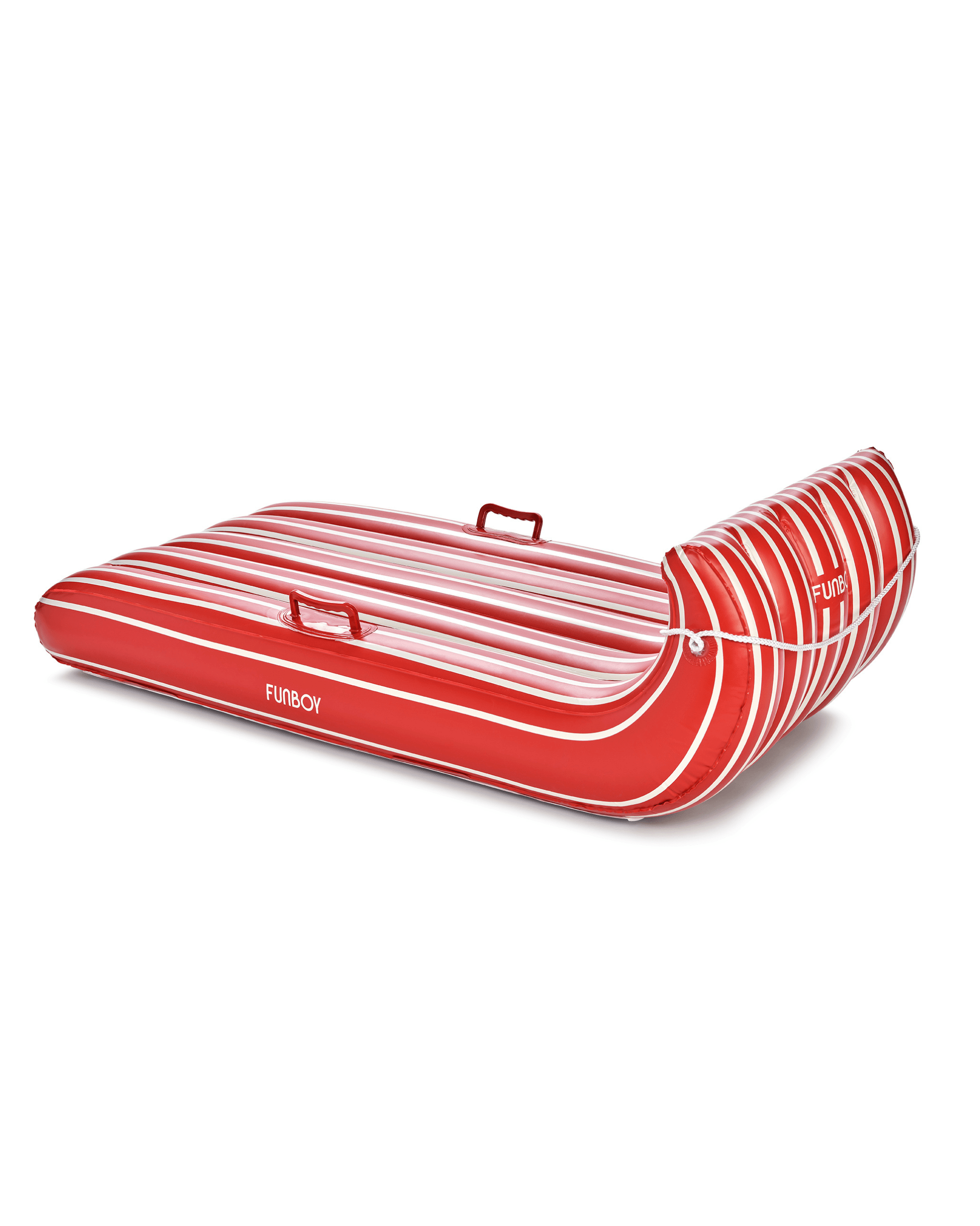 Red inflatable snow sled with white stripes on a white background