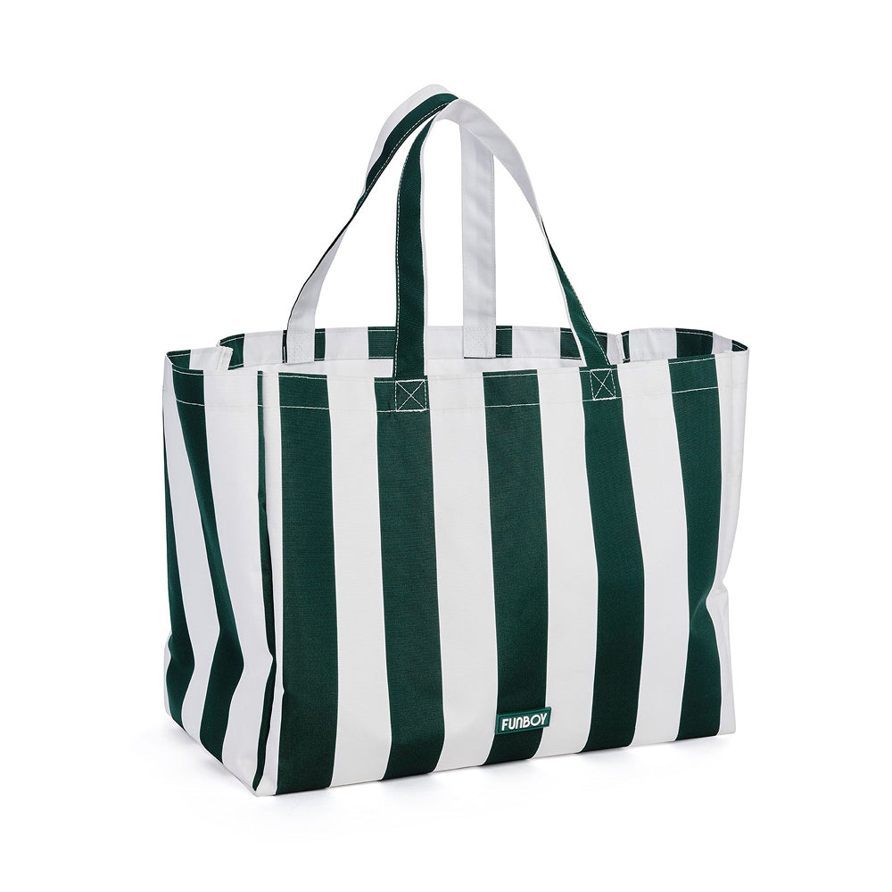 Green and white striped tote bag with FUNBOY branding on a white background