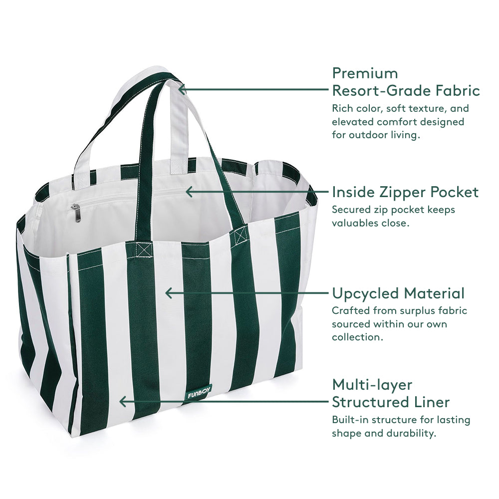 Green and white striped tote bag with features highlighted on a white background. On-Image Text (Transcribed)

Premium Resort-Grade Fabric
Rich color, soft texture, and elevated comfort designed for outdoor living.

Inside Zipper Pocket
Secured zip pocket keeps valuables close.

Upcycled Material
Crafted from surplus fabric sourced within our own collection.

Multi-layer Structured Liner
Built-in structure for lasting shape and durability.