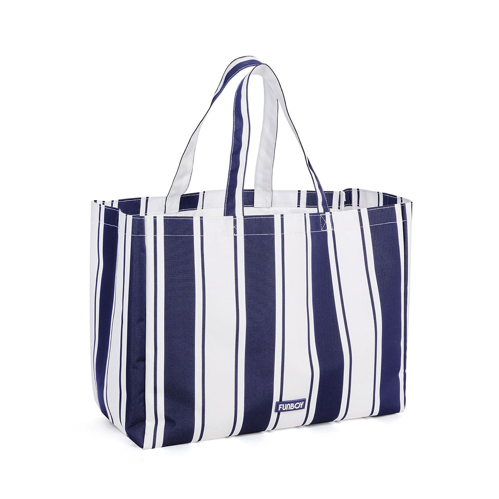 Navy and white striped tote bag on a white background
