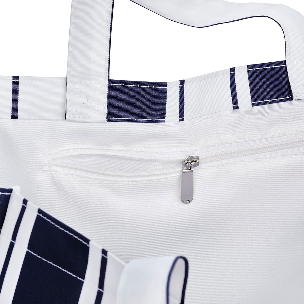 Close-up of a white apron with navy blue accents and a zipper pocket.