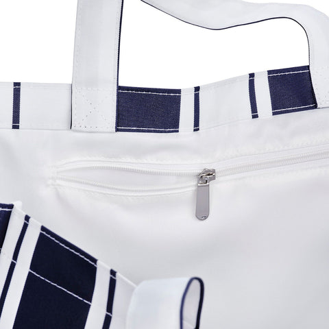Close-up of a white apron with navy blue accents and a zipper pocket.