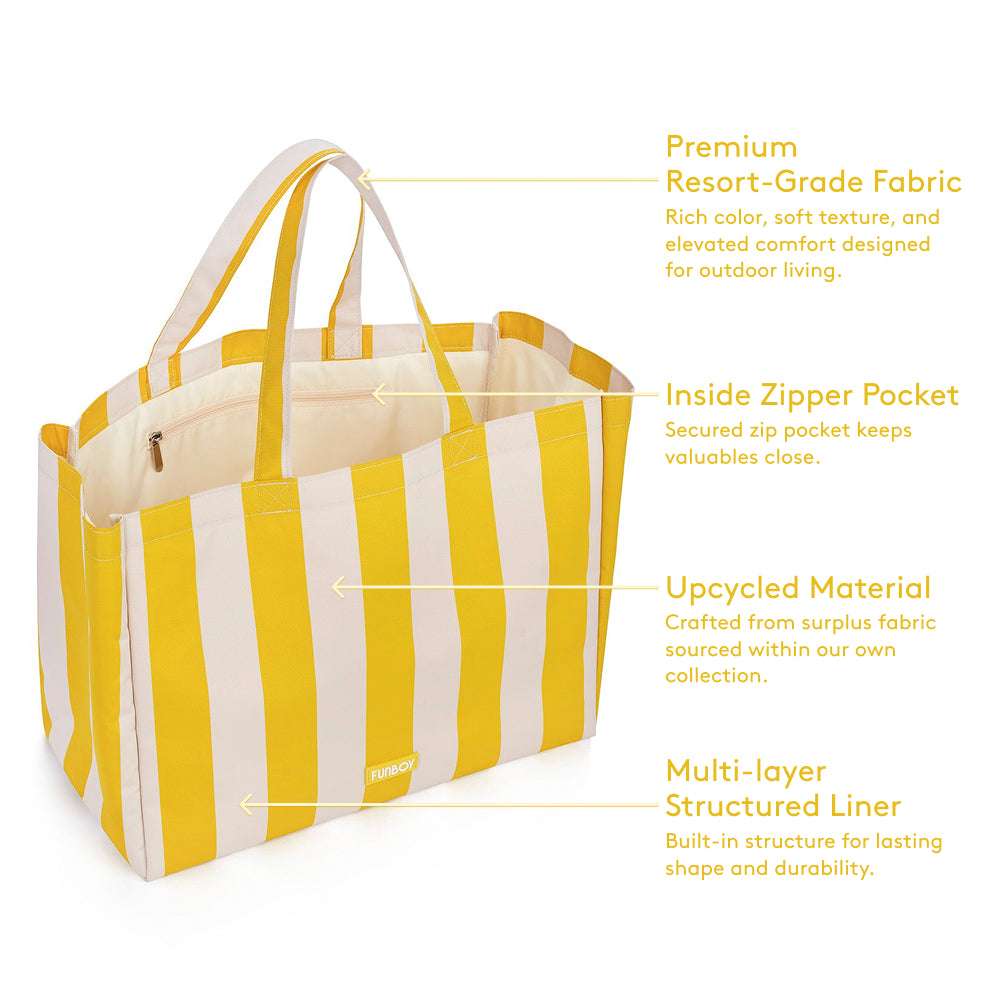Yellow and white striped tote bag with features highlighted on a white background. On-Image Text (Transcribed)

Premium Resort-Grade Fabric
Rich color, soft texture, and elevated comfort designed for outdoor living.

Inside Zipper Pocket
Secured zip pocket keeps valuables close.

Upcycled Material
Crafted from surplus fabric sourced within our own collection.

Multi-layer Structured Liner
Built-in structure for lasting shape and durability.