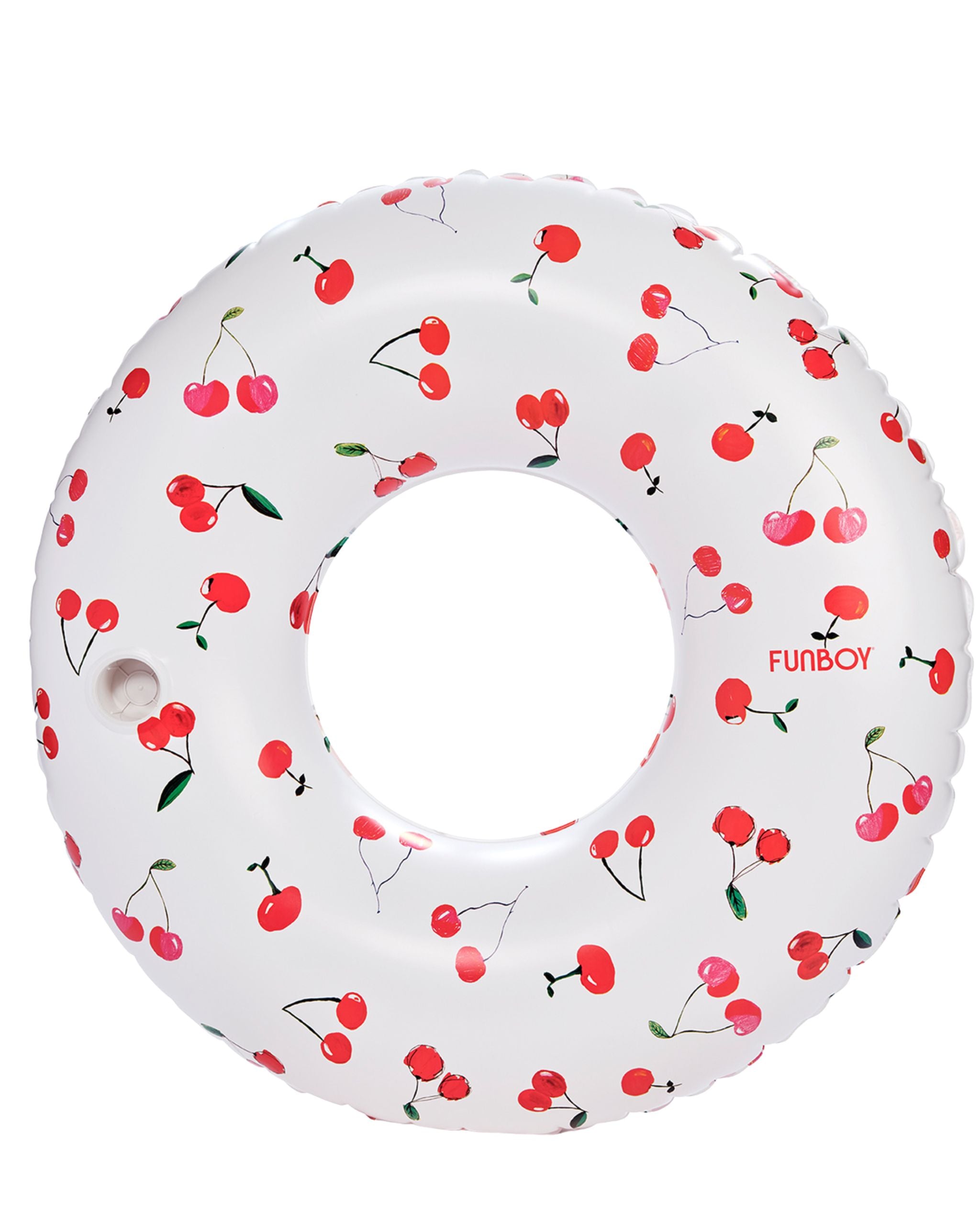 Inflatable ring with cherry pattern and Funboy logo on a white background