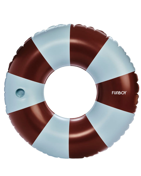 Inflatable ring with brown and white stripes and 'Funboy' branding on a white background