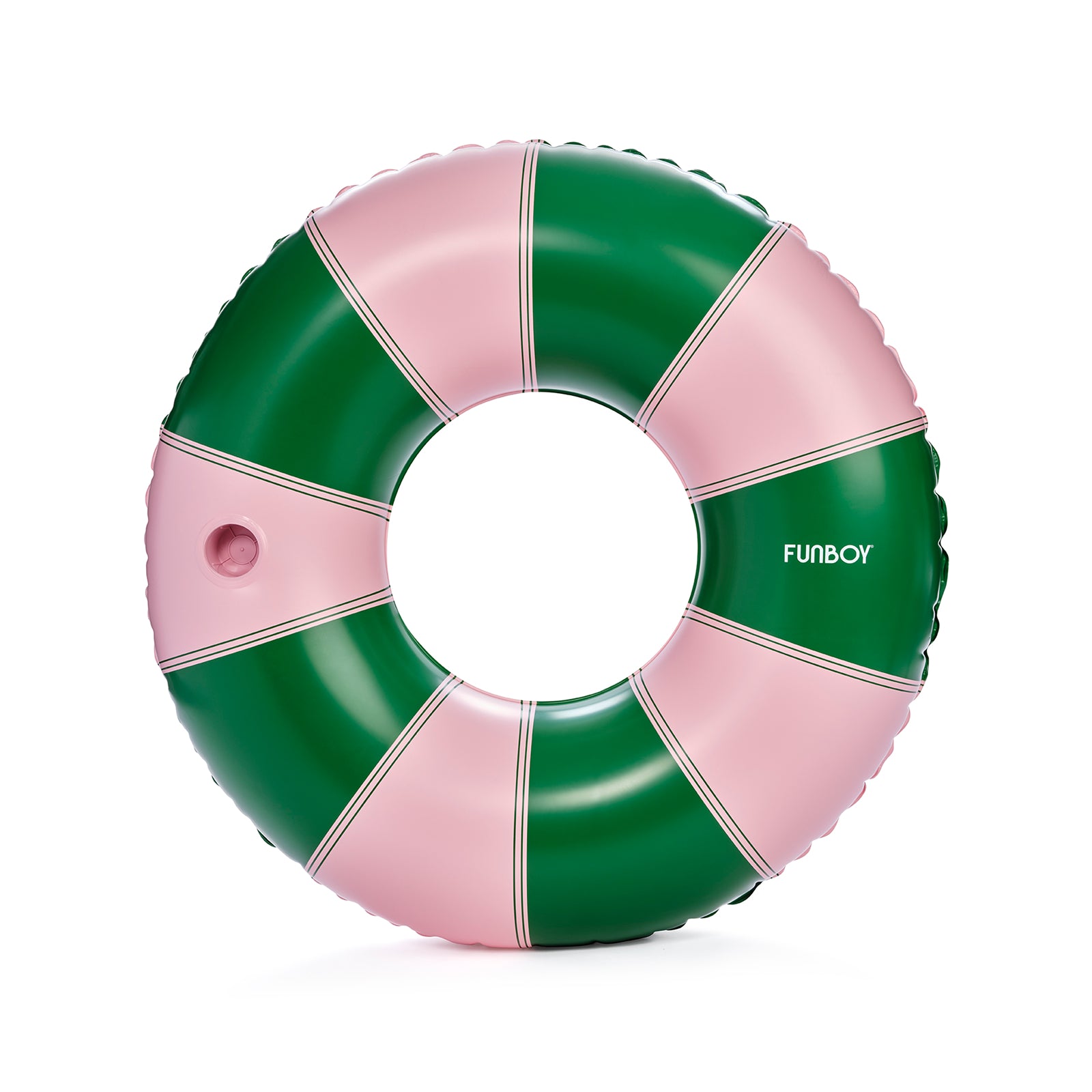 Green and pink inflatable ring with 'Funboy' branding on a white background