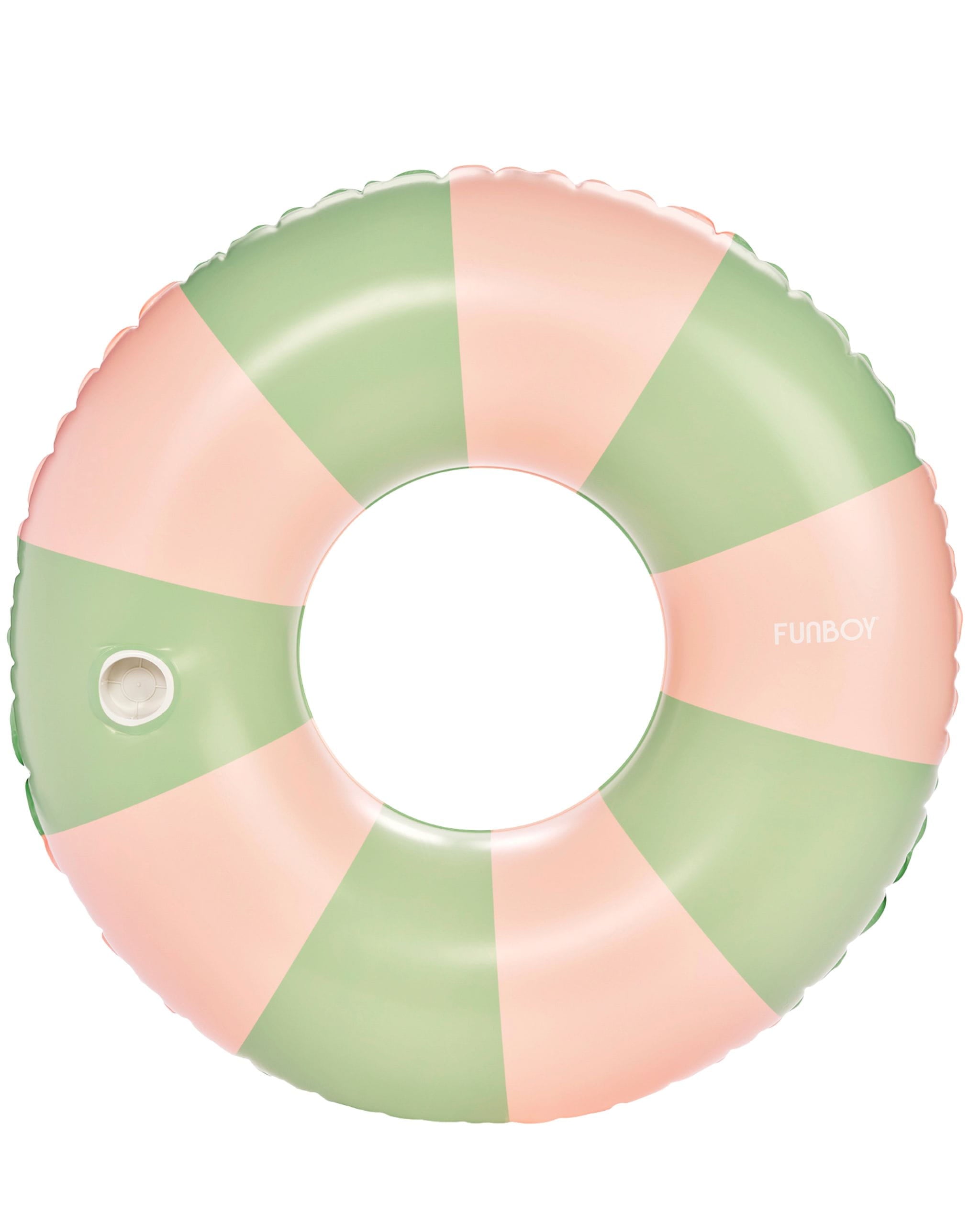 Inflatable ring with pink and green stripes on a white background