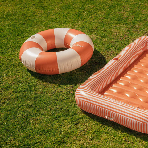 Inflatable life buoy and pool float on grass
