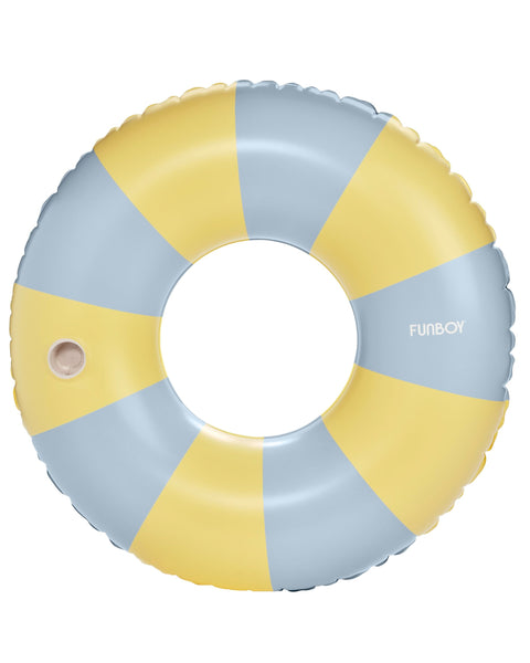 Inflatable ring with blue and yellow striped pattern on a white background