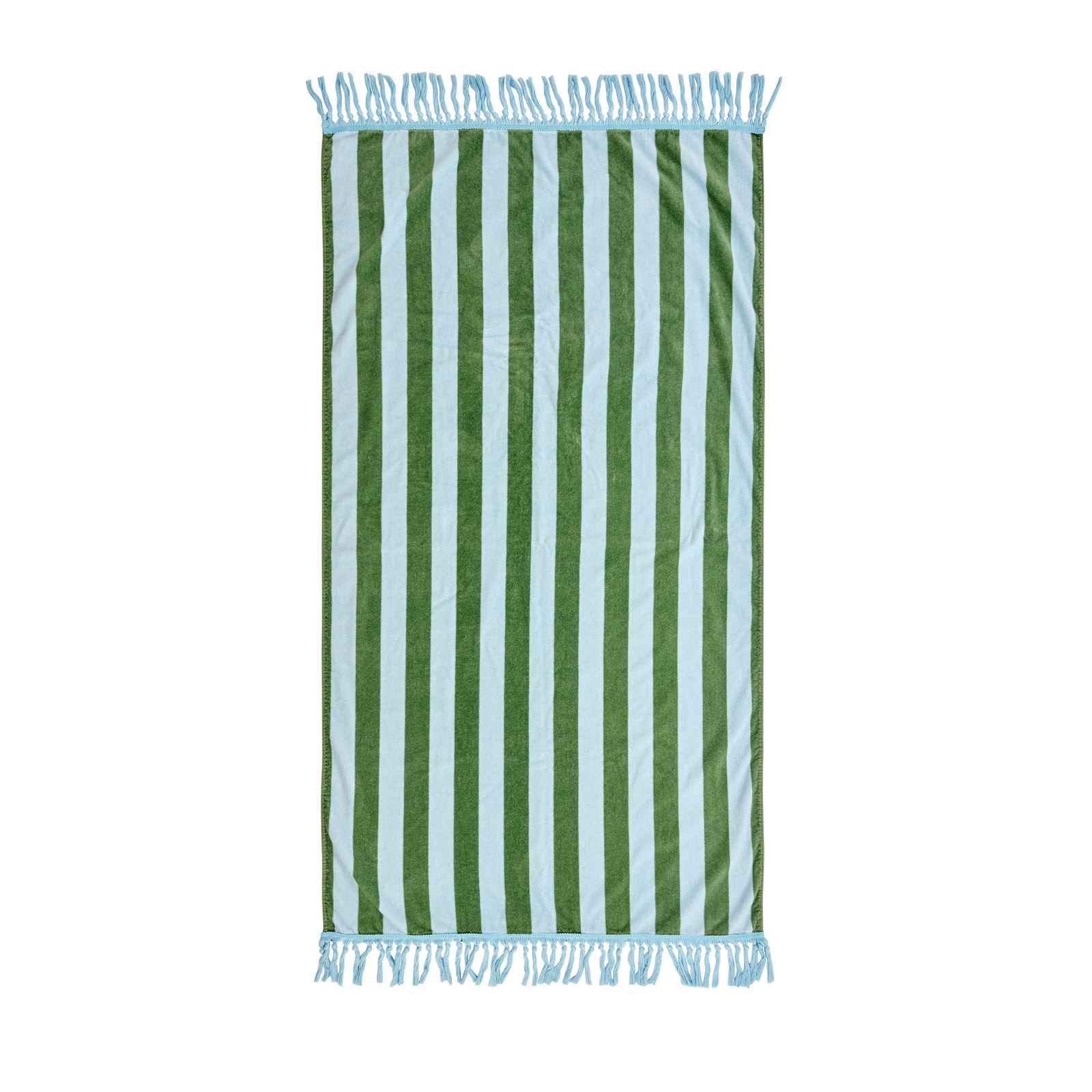 Green and light blue striped towel with frayed edges on a white background