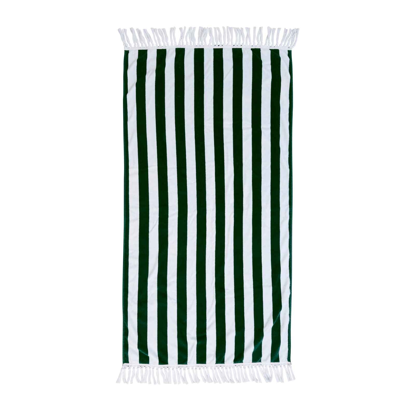 Striped beach towel with green and white stripes on a white background