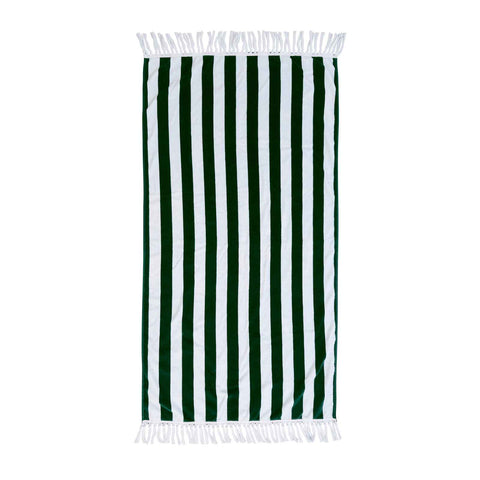 Striped beach towel with green and white stripes on a white background