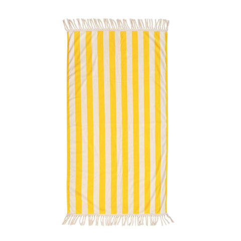 Yellow and white striped towel with fringe