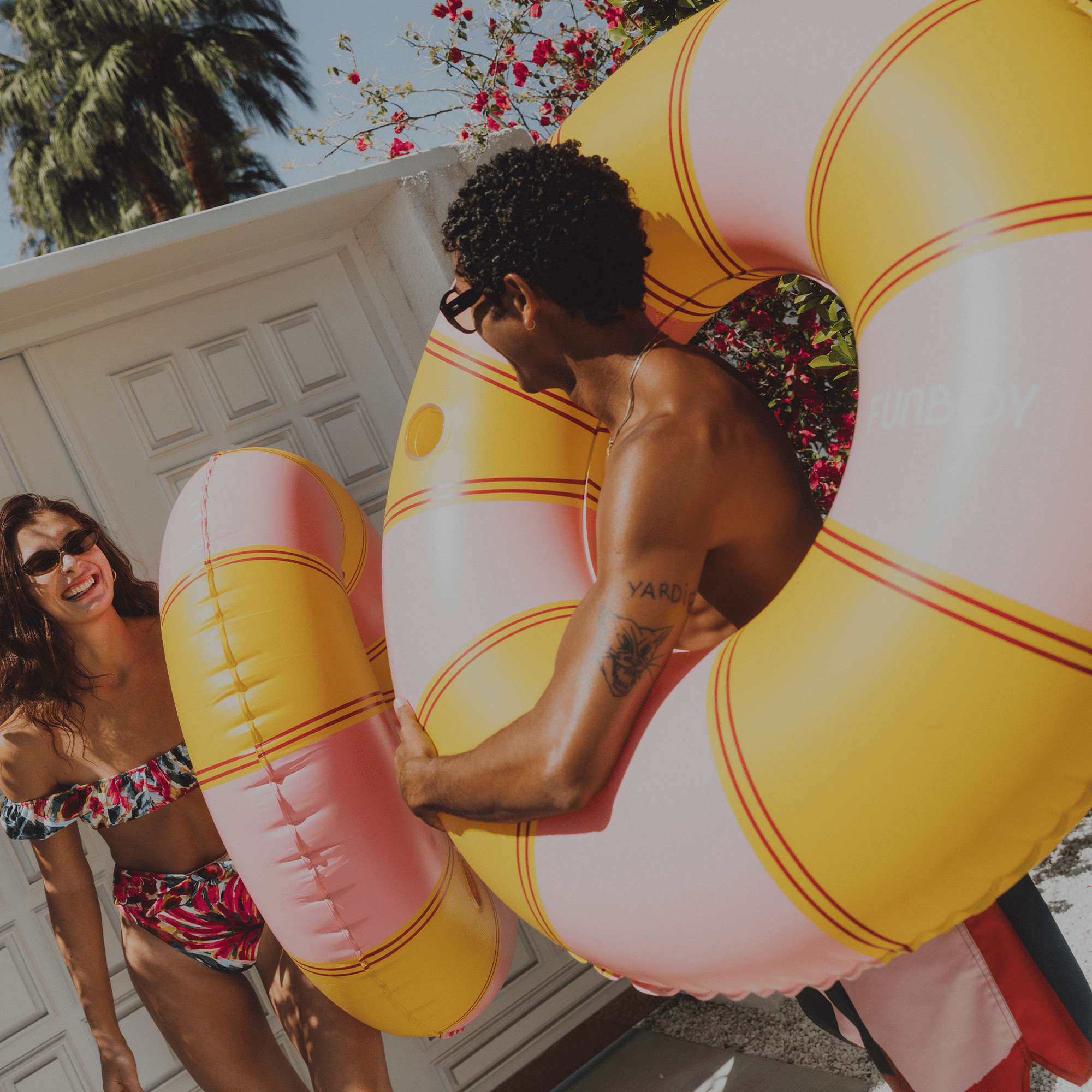 Pink and Yellow Orange Vintage striped tube float