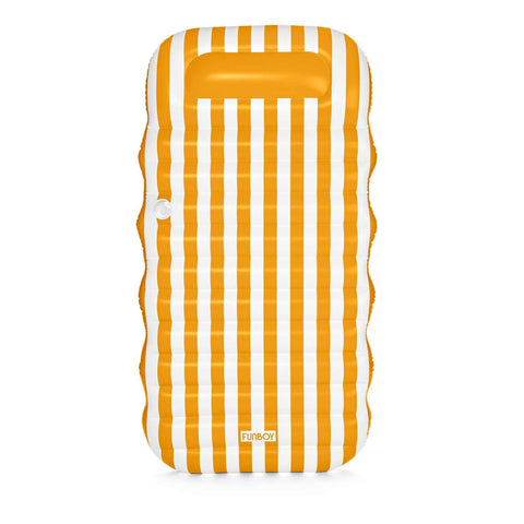 Yellow and white striped inflatable mattress on a white background