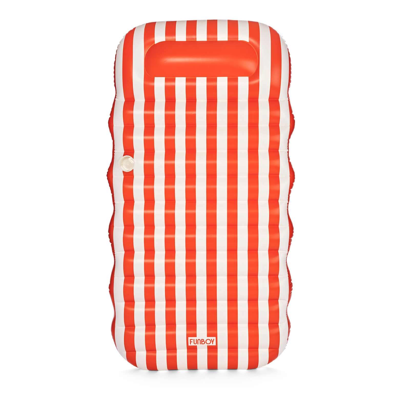Orange and white striped inflatable pool raft on a white background