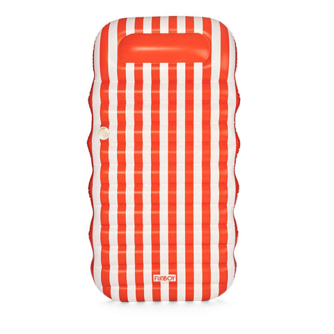 Orange and white striped inflatable pool raft on a white background