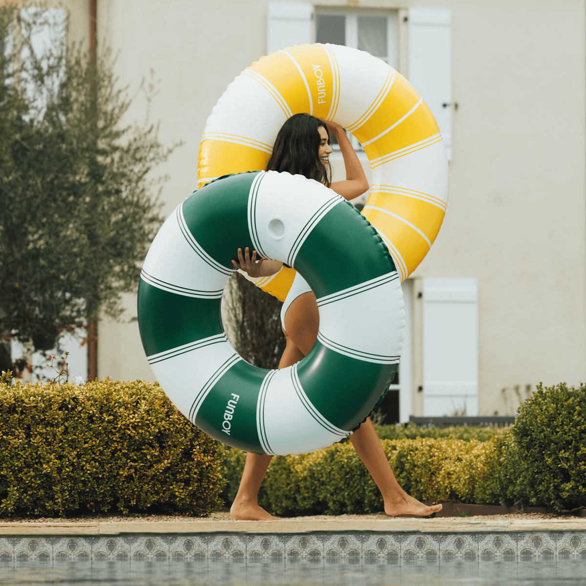 Vintage Green Stripe Inflatable Pool Float with Cup Holder 48