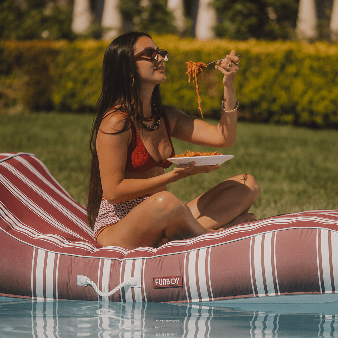 XL Fabric Covered Pool Float Sunbed Lounger - Red Stripe - FUNBOY