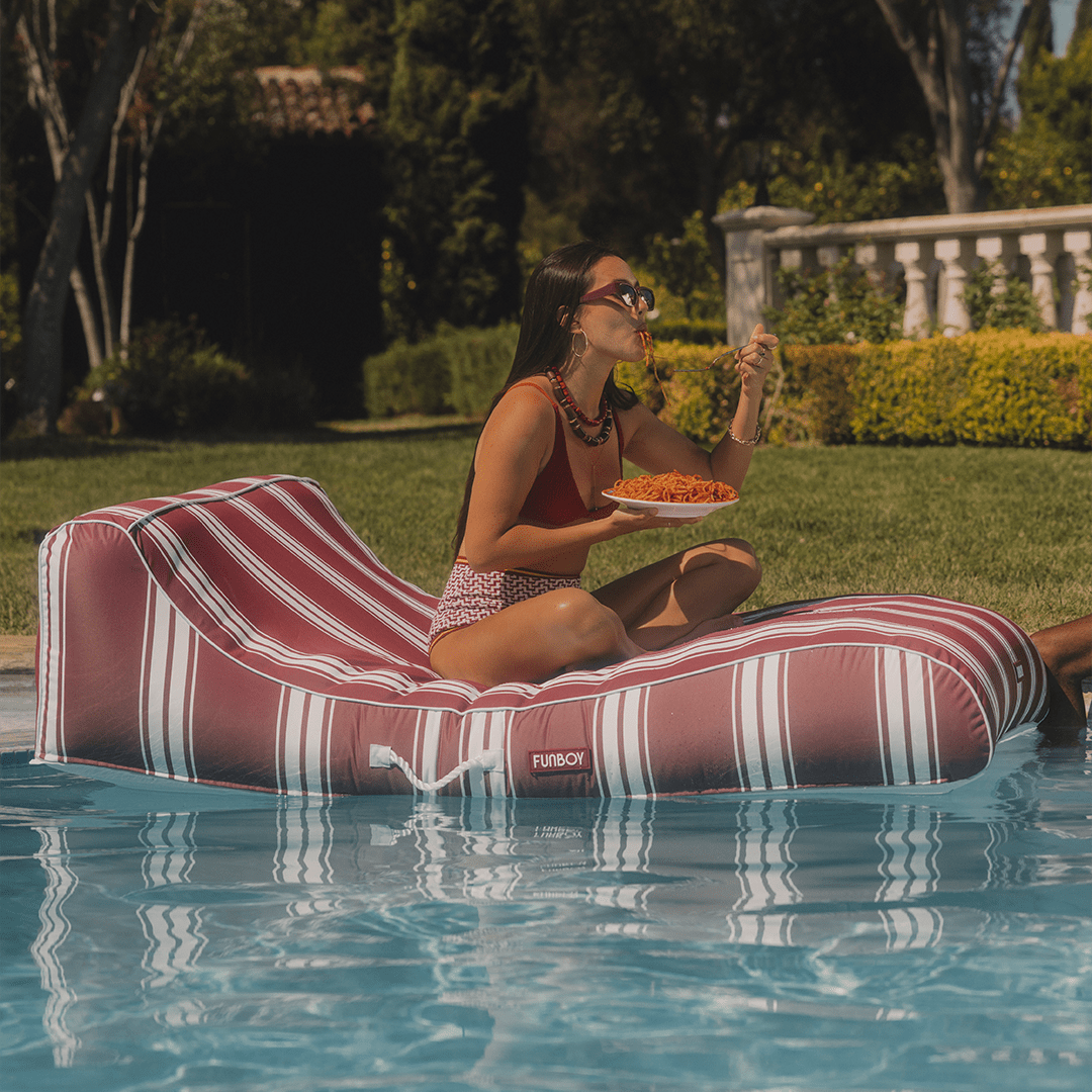 XL Fabric Covered Pool Float Sunbed Lounger - Red Stripe - FUNBOY