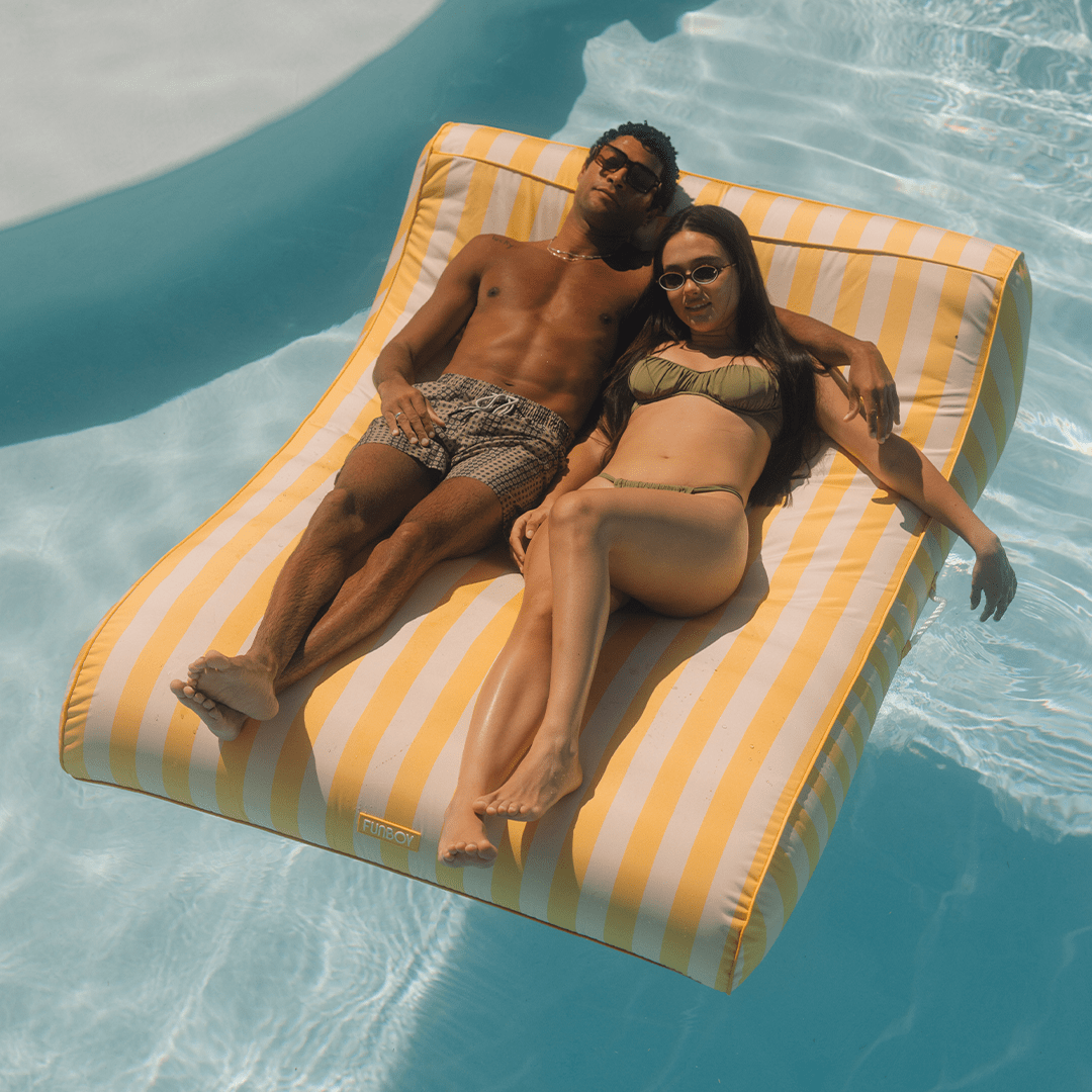 XL Fabric Covered Pool Float Sunbed Lounger - Yellow Cabana Stripes 