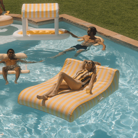 XL Fabric Covered Pool Float Sunbed Lounger - Yellow Cabana Stripes 