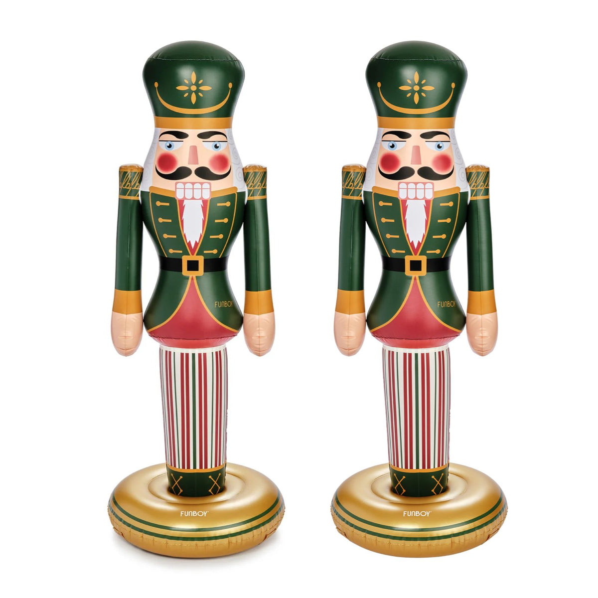 Two identical inflatable nutcracker figures standing upright on round bases against a plain white background.