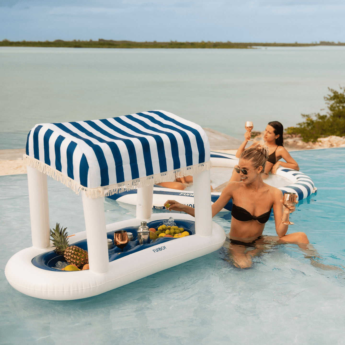 Inflatable Floating Cabana Bar - Navy & White Striped