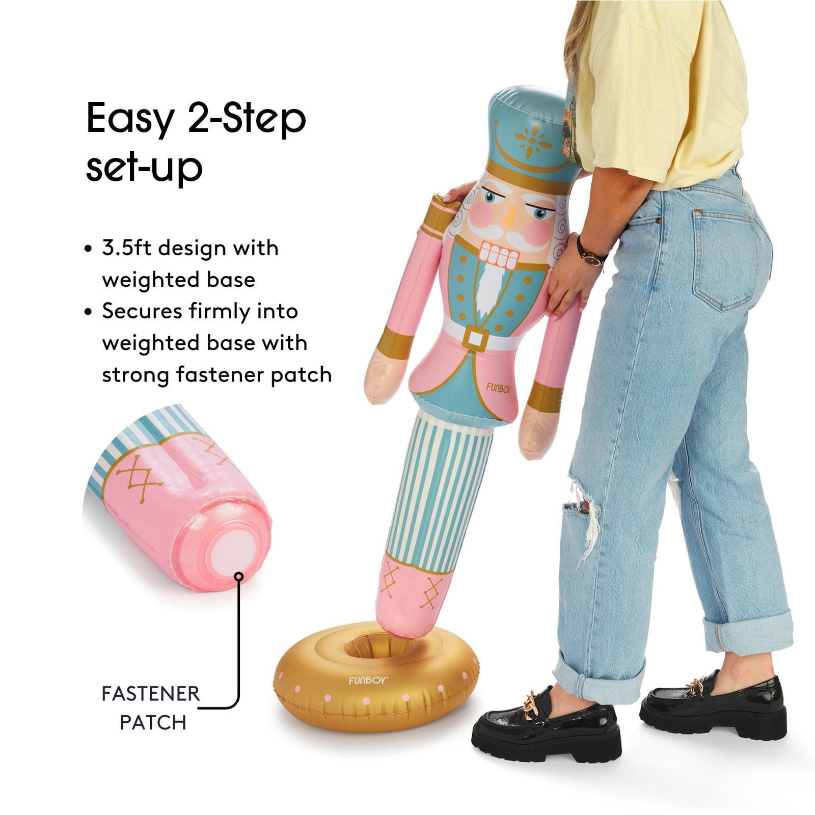 Easy 2 Step set-up with weighted base. Weighted base for stability. Secures firmly into base with strong fastener patch.