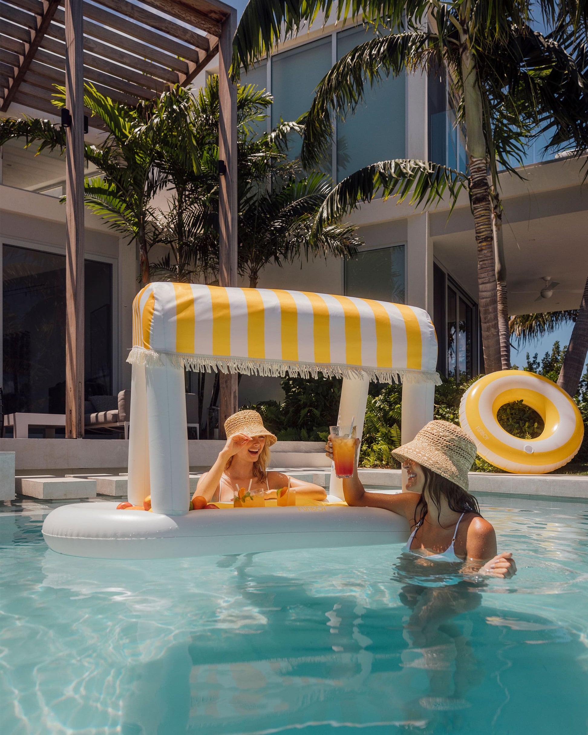 Floating Bar Raft Yellow & White Striped Floating Cabana Bar - FUNBOY