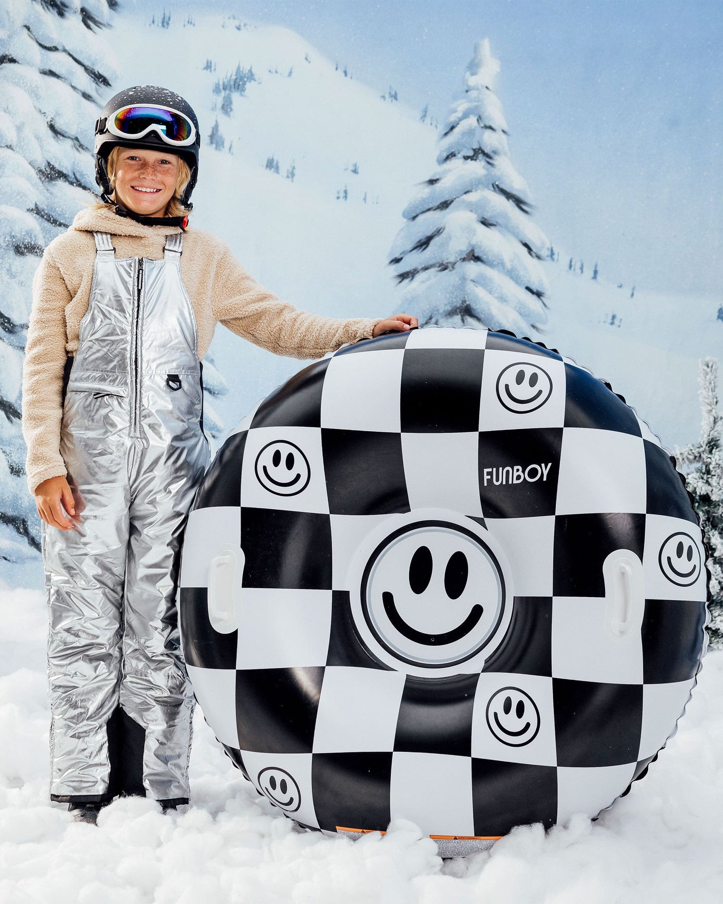 Kids Snow Tube -  Black & White Checked Happy Facee