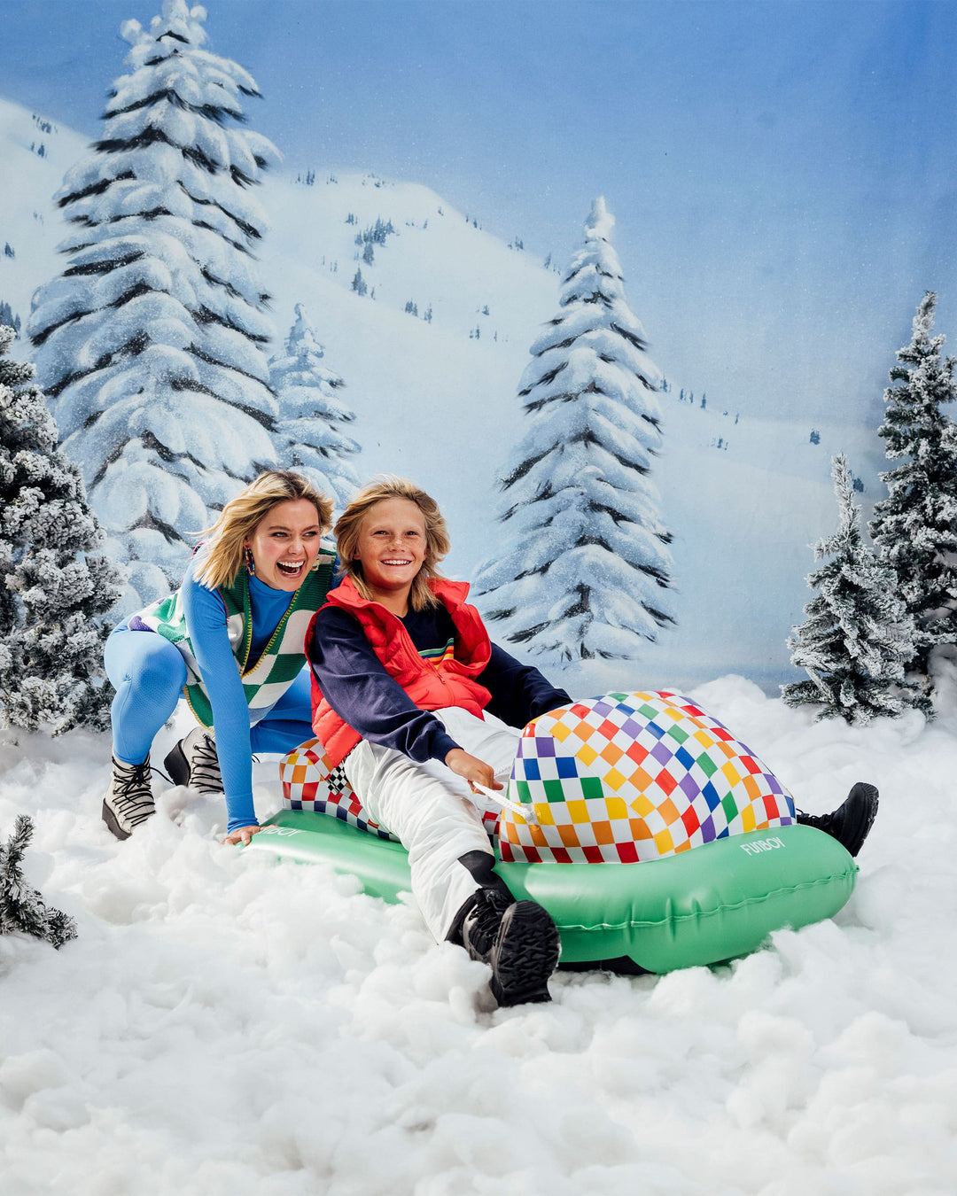 Kids Snow Sled - Rainbow Checkered - FUNBOY