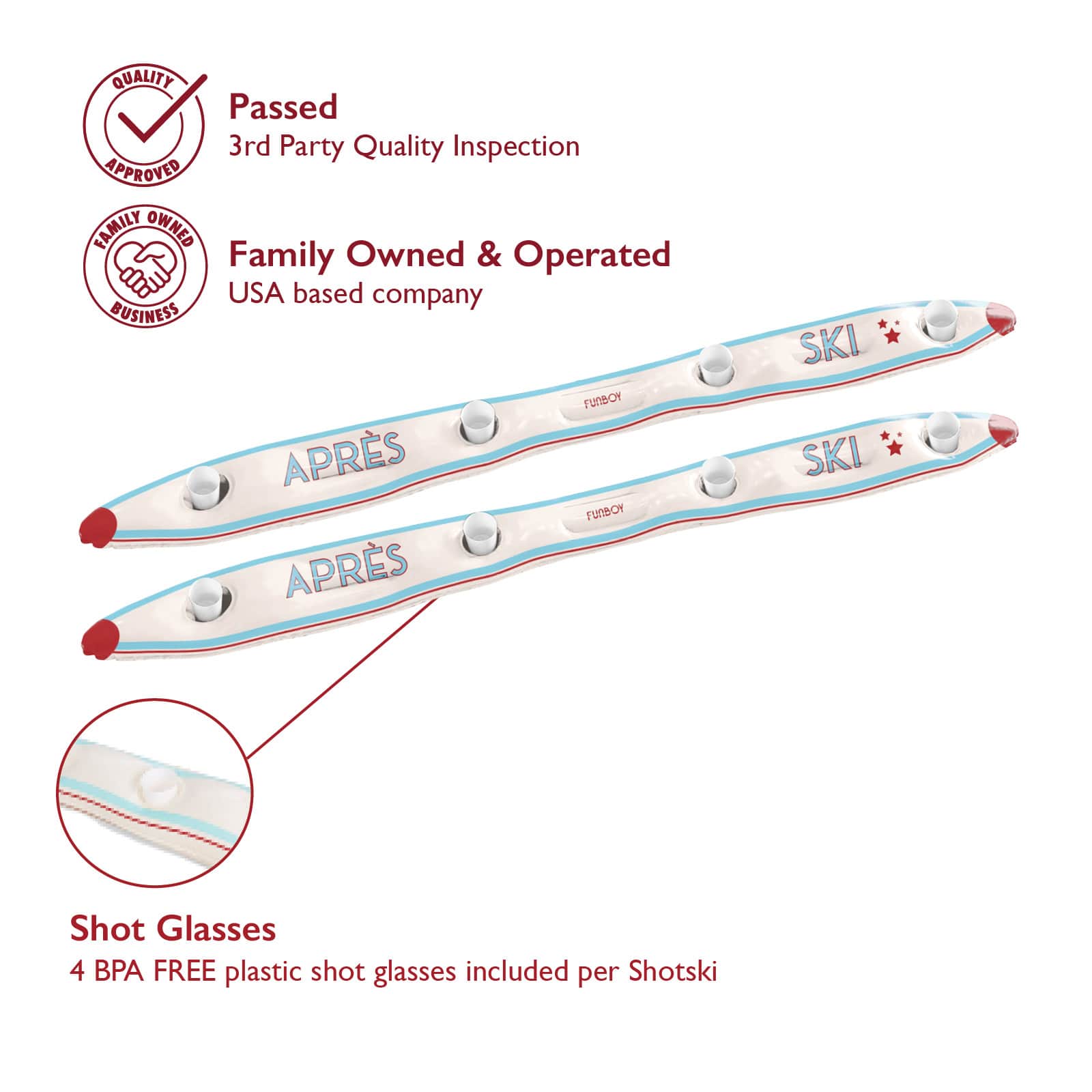 Text overlay; Passed 3rd Party Testing. Family Owned and Operated. Shot Glasses 4 BPA FREE plastic shot glasses included per Shotski