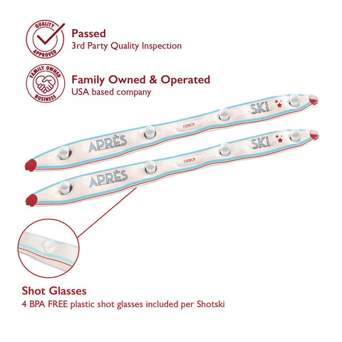 Text overlay; Passed 3rd Party Testing. Family Owned and Operated. Shot Glasses 4 BPA FREE plastic shot glasses included per Shotski