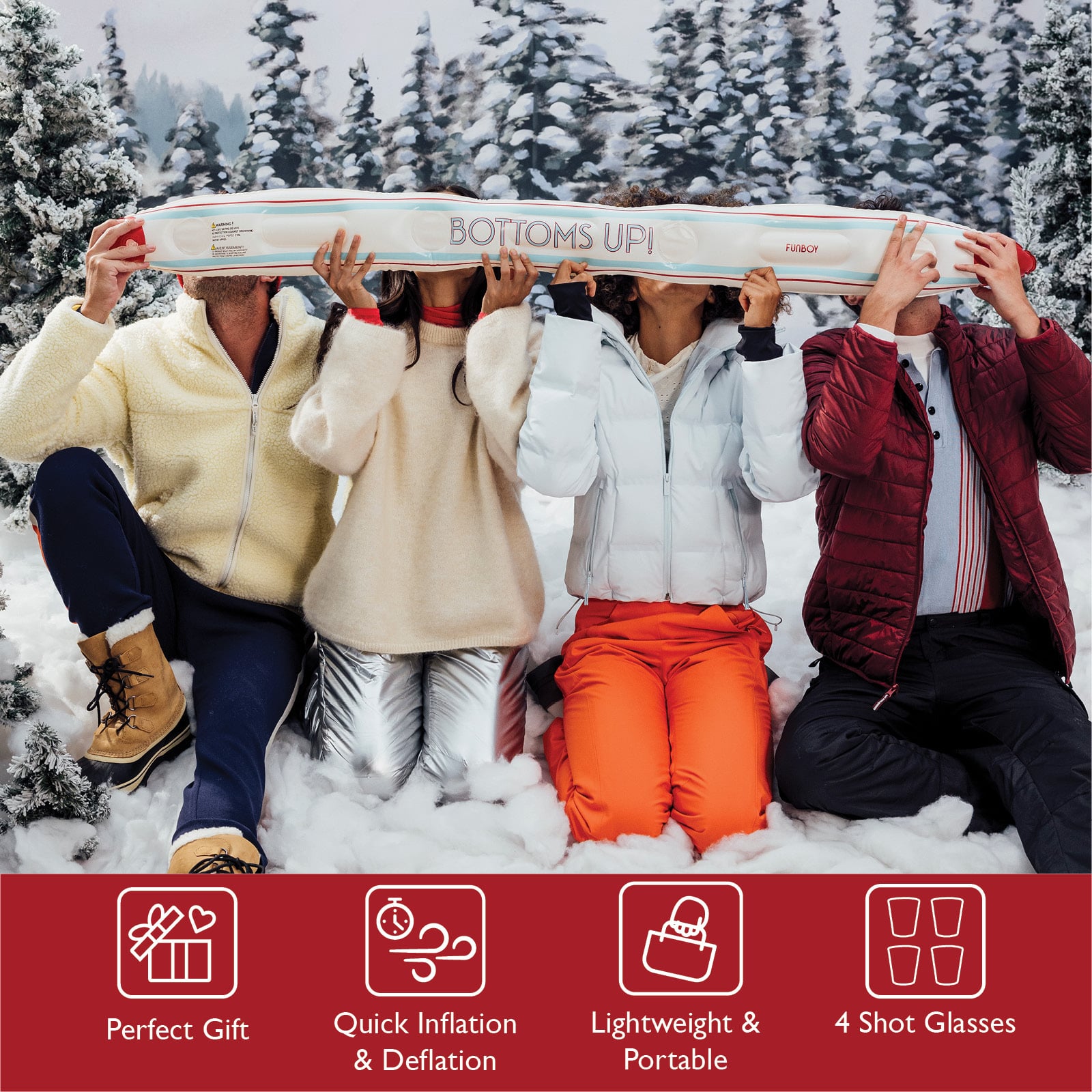 Text overlay. Perfect Gift. Quick Inflation & Deflation. Lightweight & Portable. 4 Shot Glasses